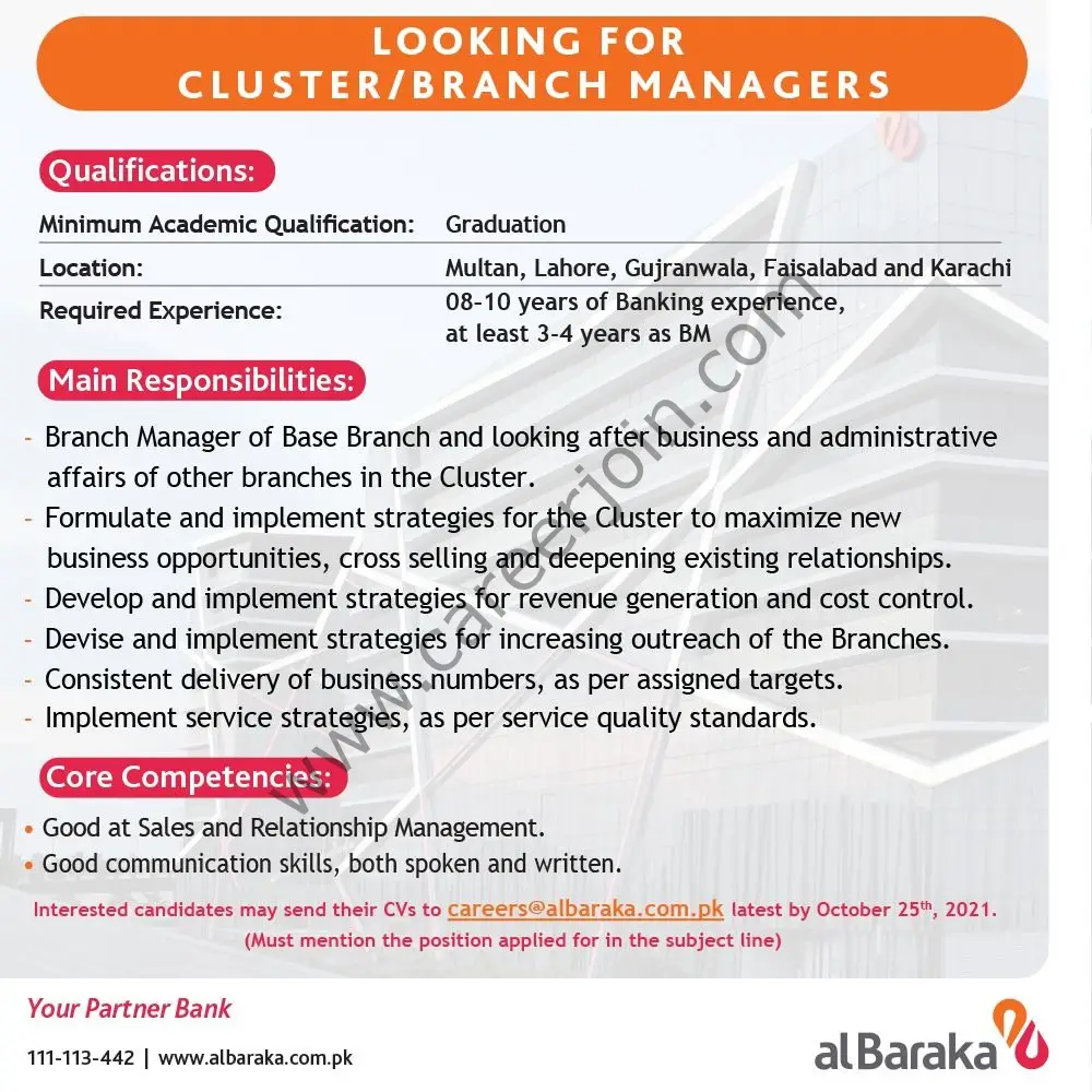 Al Baraka Bank Pakistan Limited Jobs Cluster / Branch Managers 01