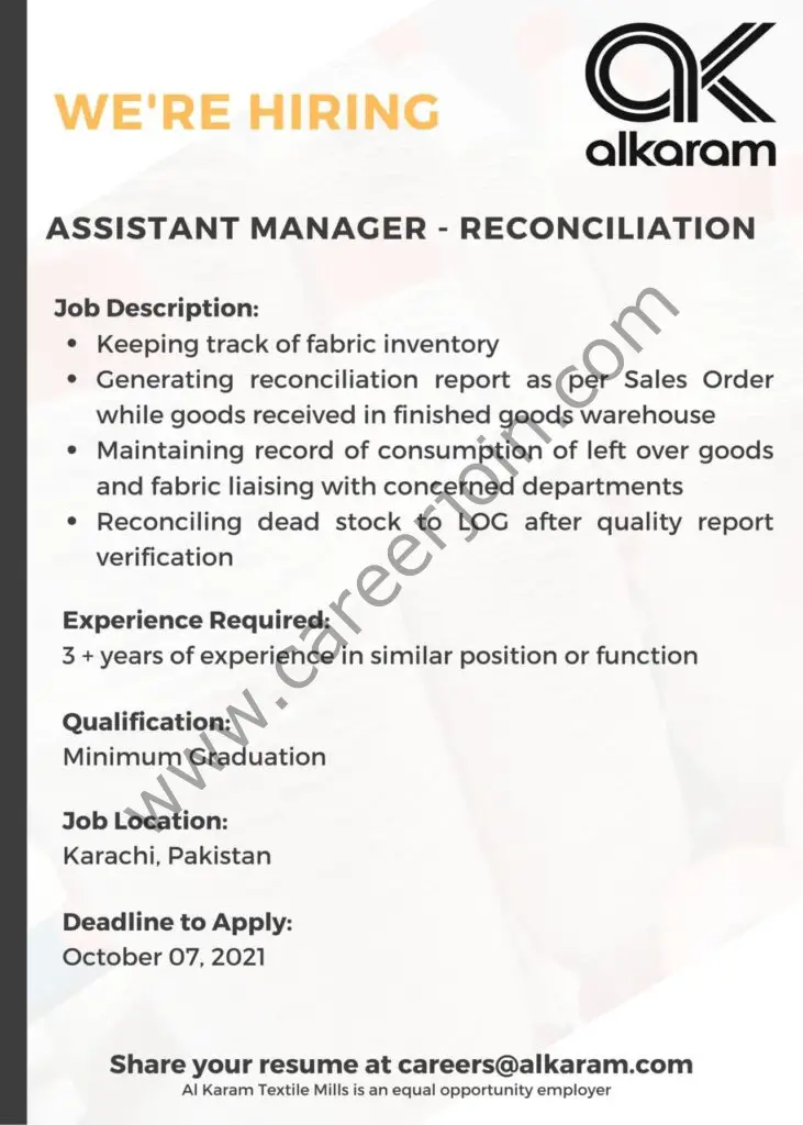 Alkaram Textile Mills Limited Jobs Assistant Manager Reconciliation 01