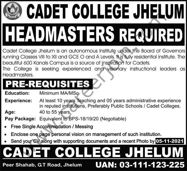 Cadet College Jhelum Jobs 24 October 2021 Express 01
