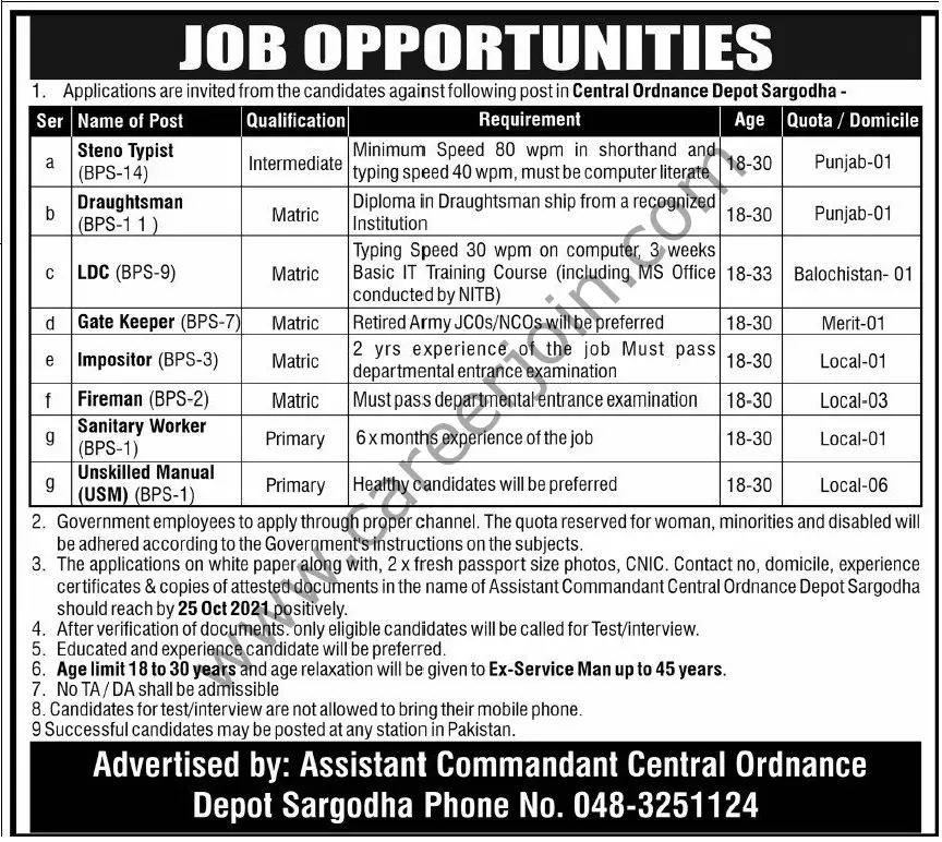 Central Ordinance Depot Sargodha Jobs 10 October 2021 Express Tribune 01
