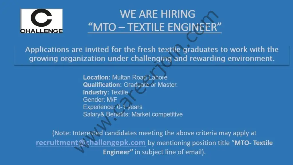 Challenge Apparels Pvt Ltd Jobs MTO Textile Engineer 01
