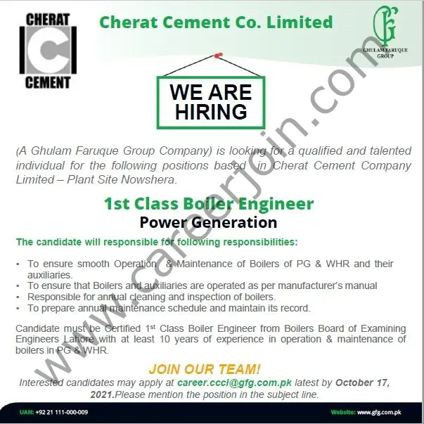 Cherat Cement Company Limited Jobs Ist Class Boiler Engineer 01