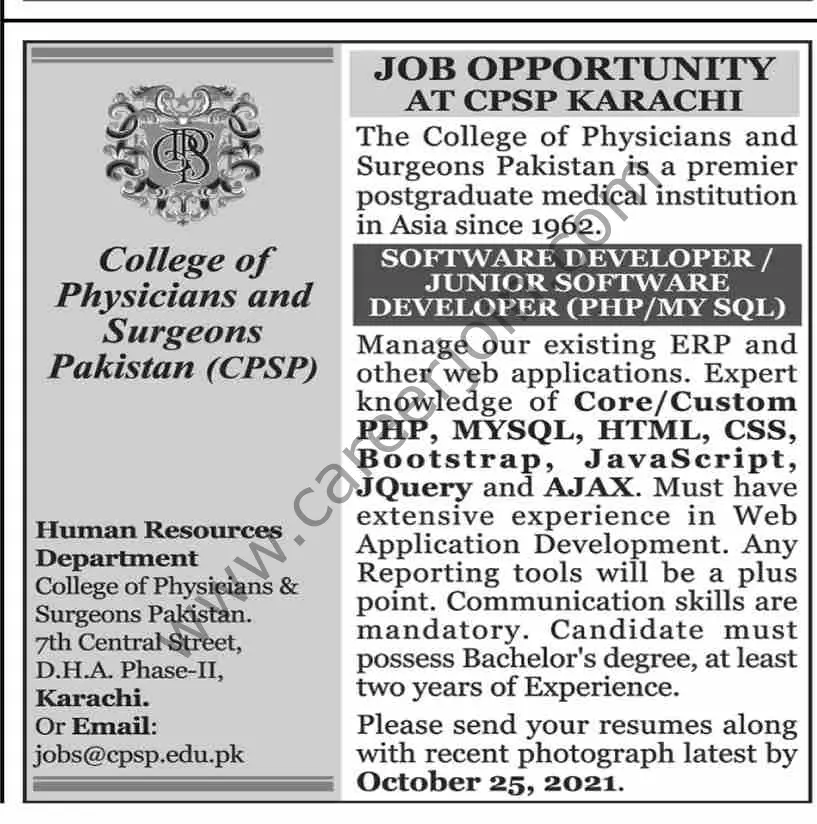 College of Physicians & Surgeons Pakistan CPSP Jobs 10 October 2021 Dawn 01
