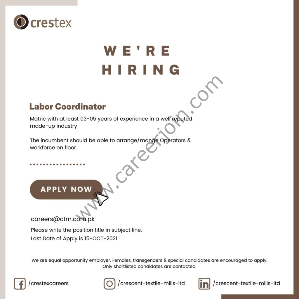Crescent Textile Mills Limited Crestex Jobs Labor Coordinator 01