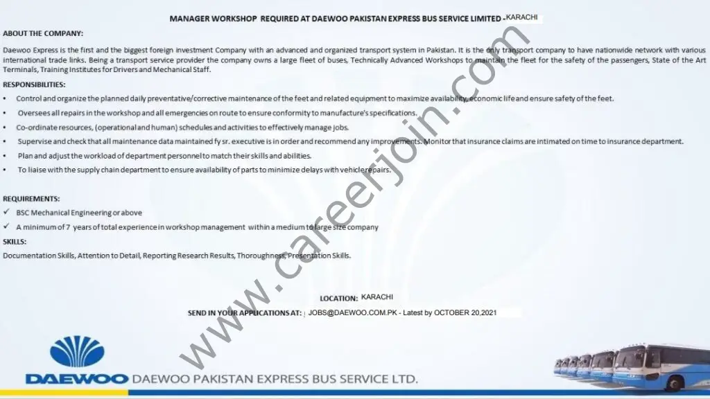 Daewoo Pakistan Express Bus Service Limited DPEBSL Jobs Manager Workshop 01