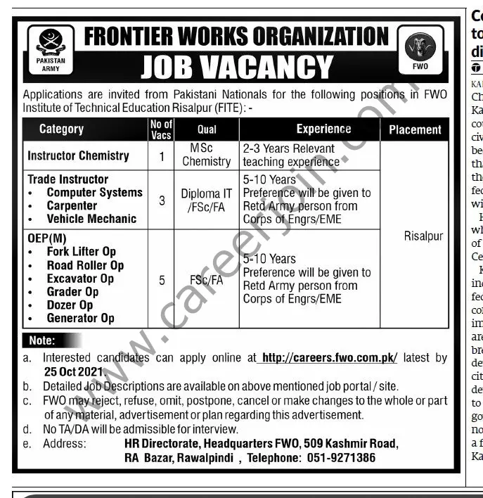 Frontier Works Organization FWO Jobs 10 October 2021 Express Tribune