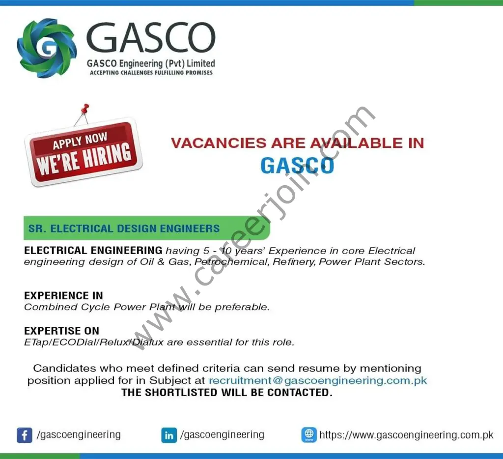 GASCO Engineering Pvt Ltd Jobs Senior Electrical Design Engineers 01