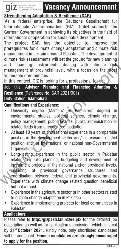 GIZ Pakistan Jobs 07 October 2021 Dawn 01
