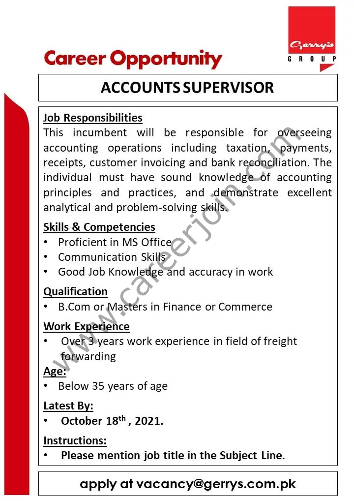 Gerry's International Group Jobs Accounts Supervisor 01