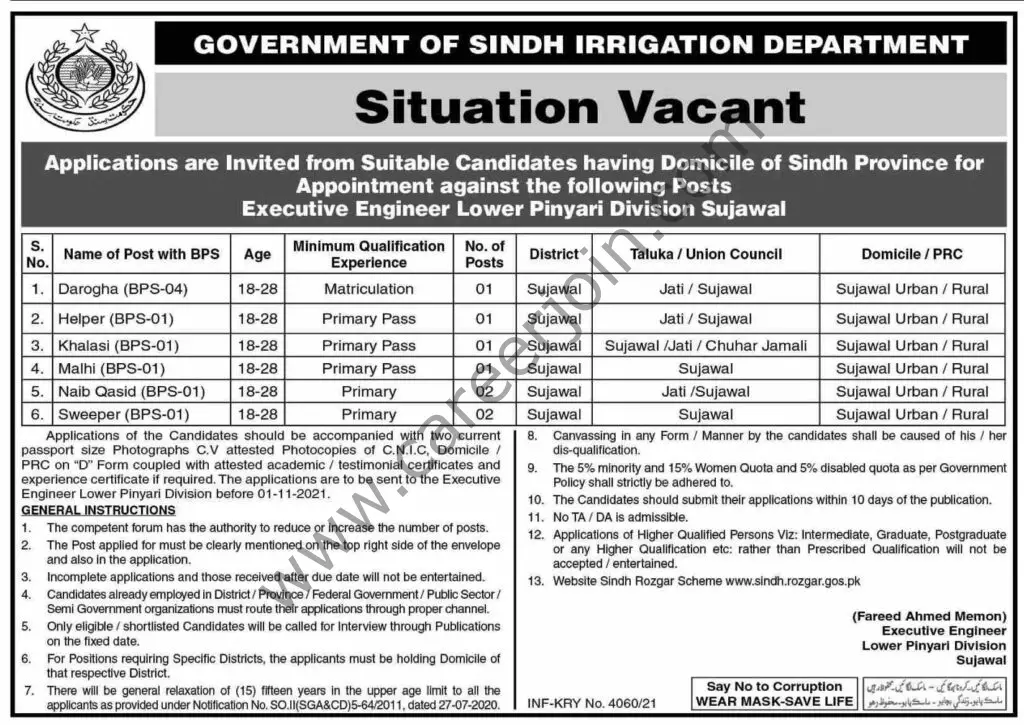 Govt Of Sindh Irrigation Department Jobs November 2021 01