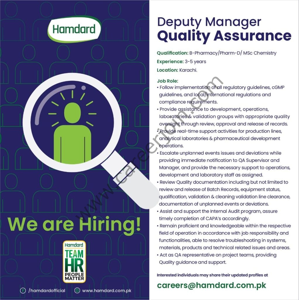 Hamdard Pakistan Jobs Deputy Manager Quality Assurance 01