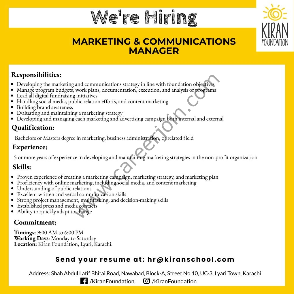 Kiran Foundation Jobs Marketing & Communications Manager 01