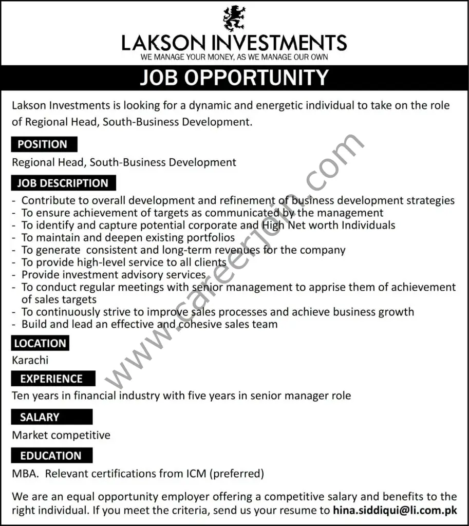 Lakson Investments Jobs Regional Head 01