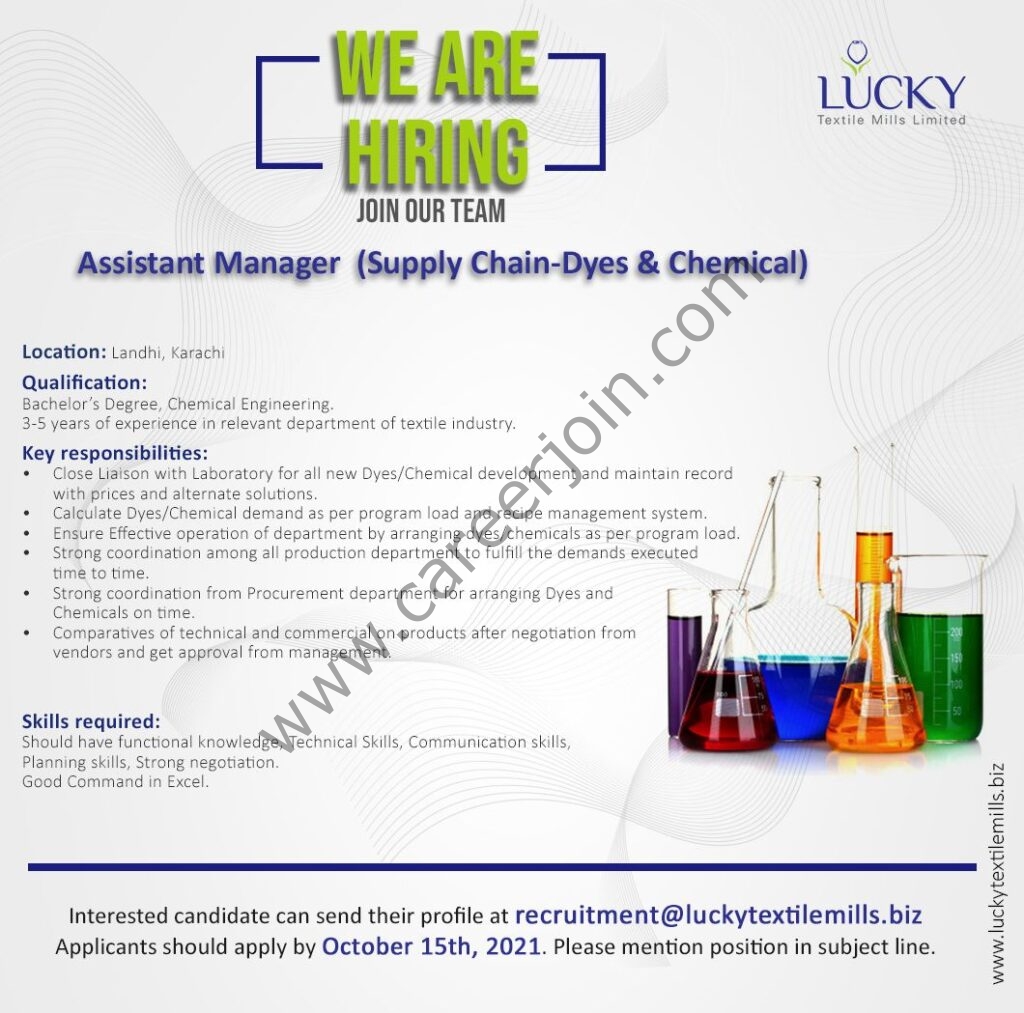 Lucky Textile Mills Limited Jobs Assistant Manager (Supply Chain-Dyes & Chemical) 01