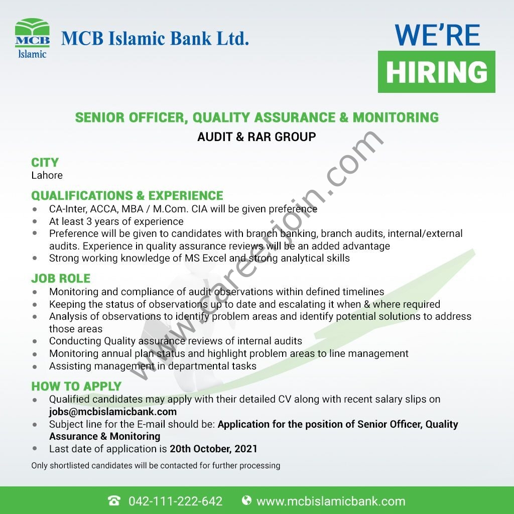 MCB Islamic Bank Limited Jobs Senior Officer Quality Assurance & Monitoring 01