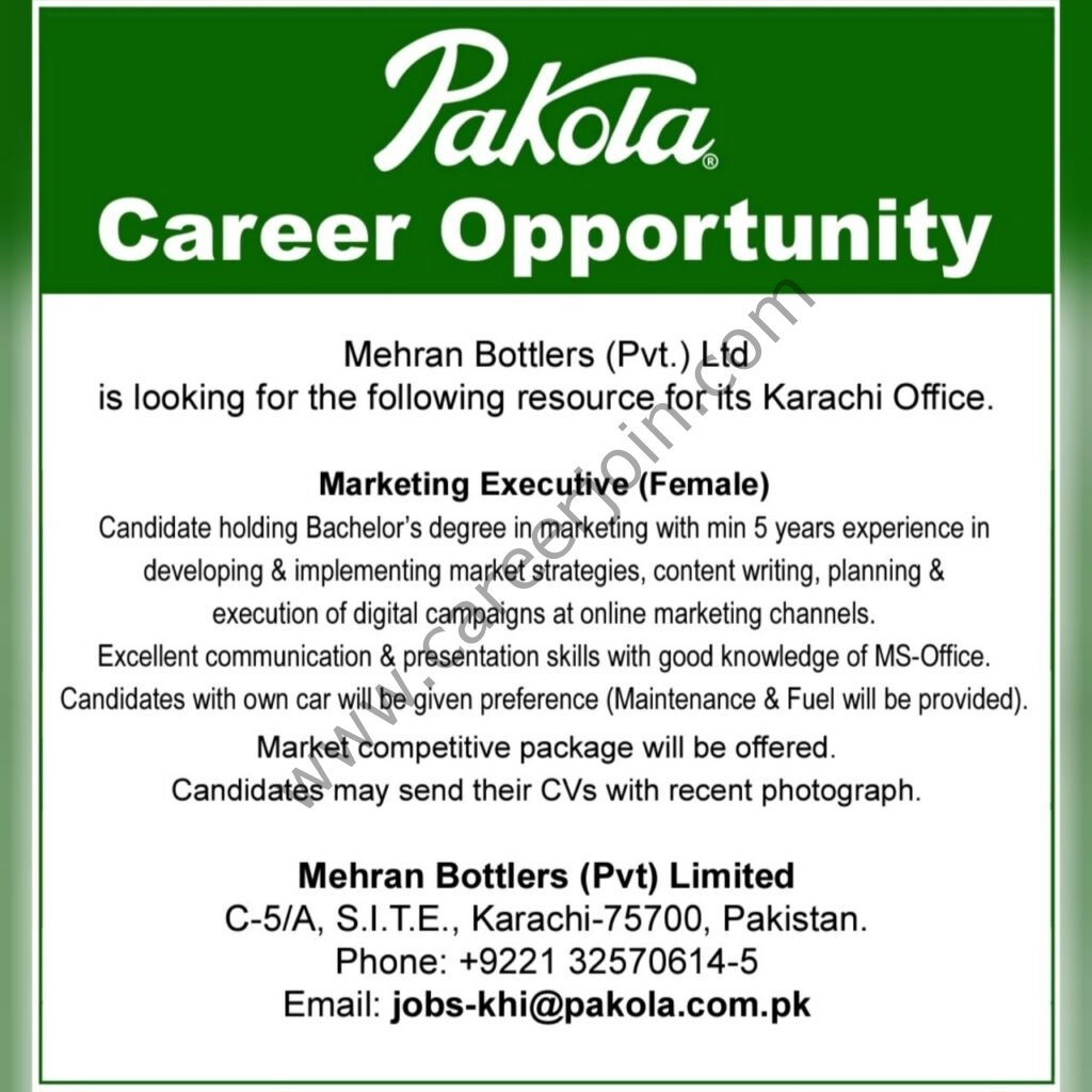 Mehran Bottlers Pvt Ltd Pakola Jobs Marketing Executive 01