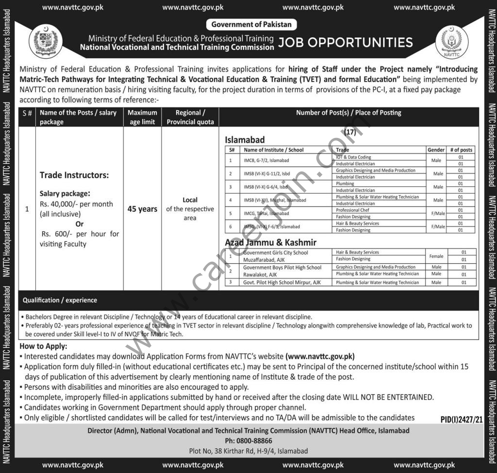 Ministry Of Federal Education & Professional Training Jobs Trade Instructors 01