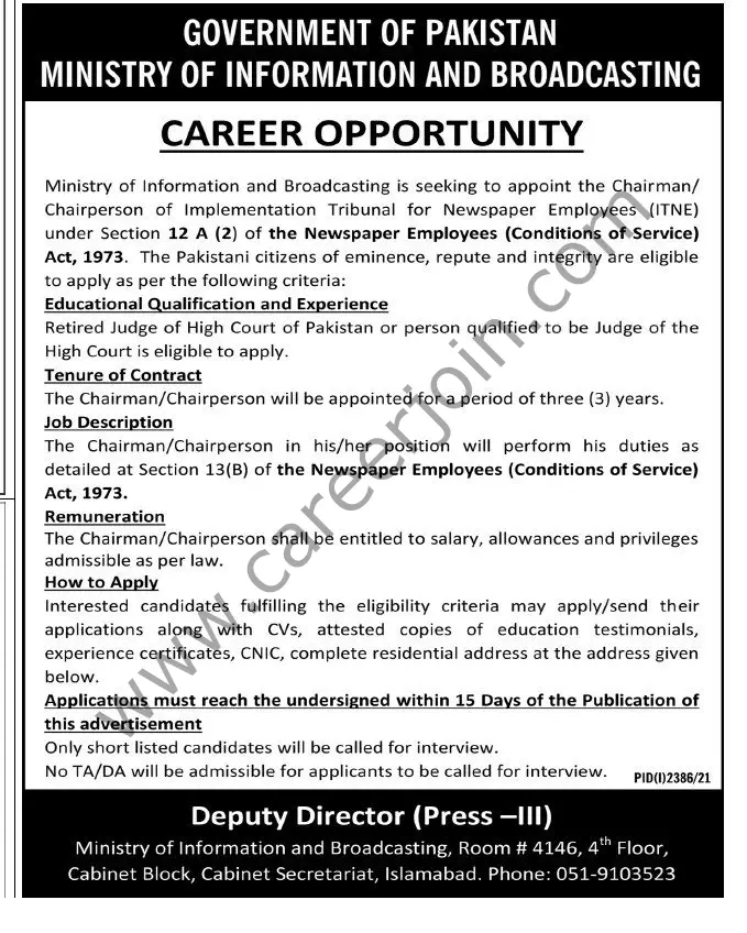 Ministry of Information & Broadcasting Jobs Chairman / Chairperson 01