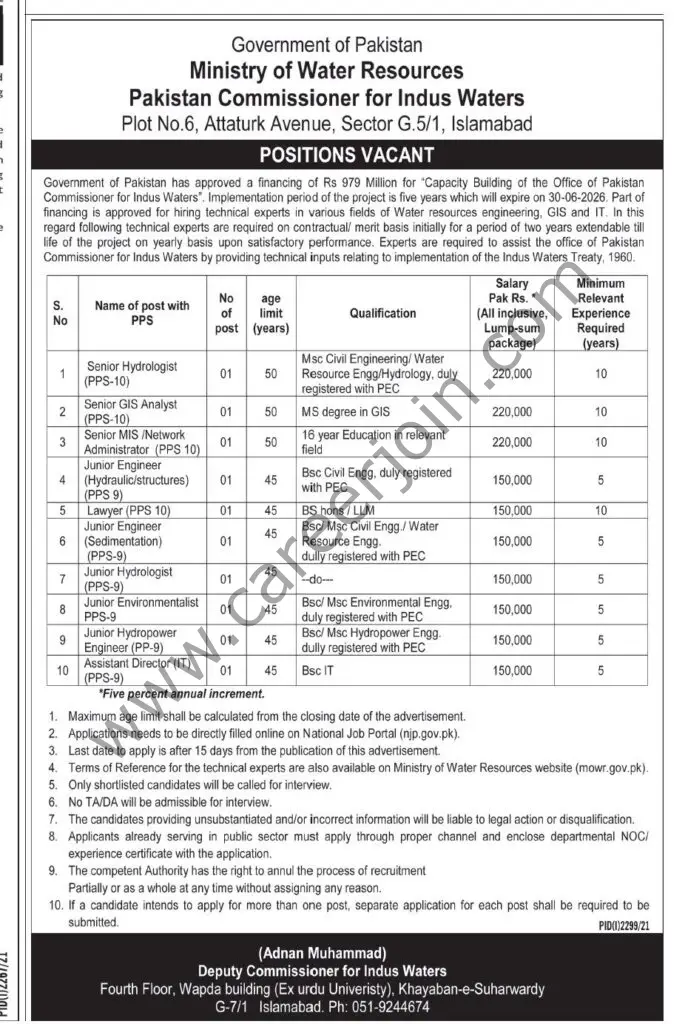 Ministry of Water Resources Pakistan Commissioner for Indus Waters Jobs 15 October 2021 Express Tribune 01