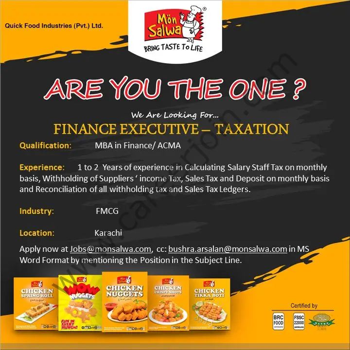 QUICK Food Industries Pvt Limited Jobs Finance Executive Taxation 01