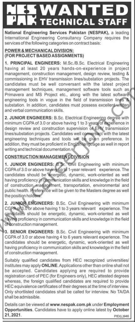 National Engineering Services Pakistan NESPAK Jobs 07 Octover 2021 Dawn 01