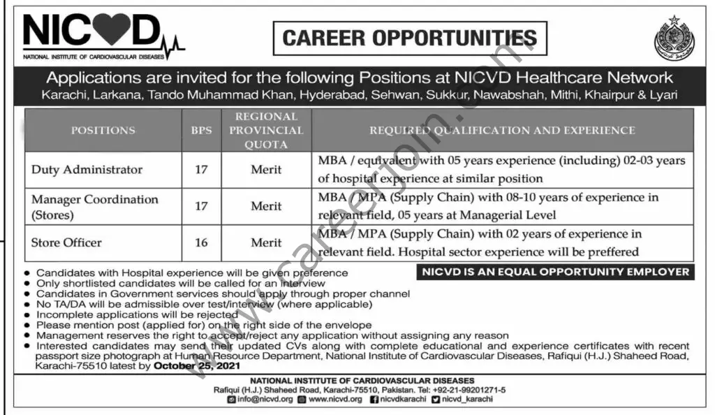 National Institute of Cardiovascular Diseases Jobs 10 October 2021 Dawn 02