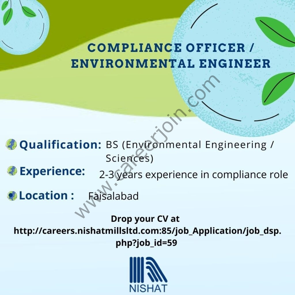 Nishat Mills Limited Jobs Compliance Officer/ Environmental Engineer 01