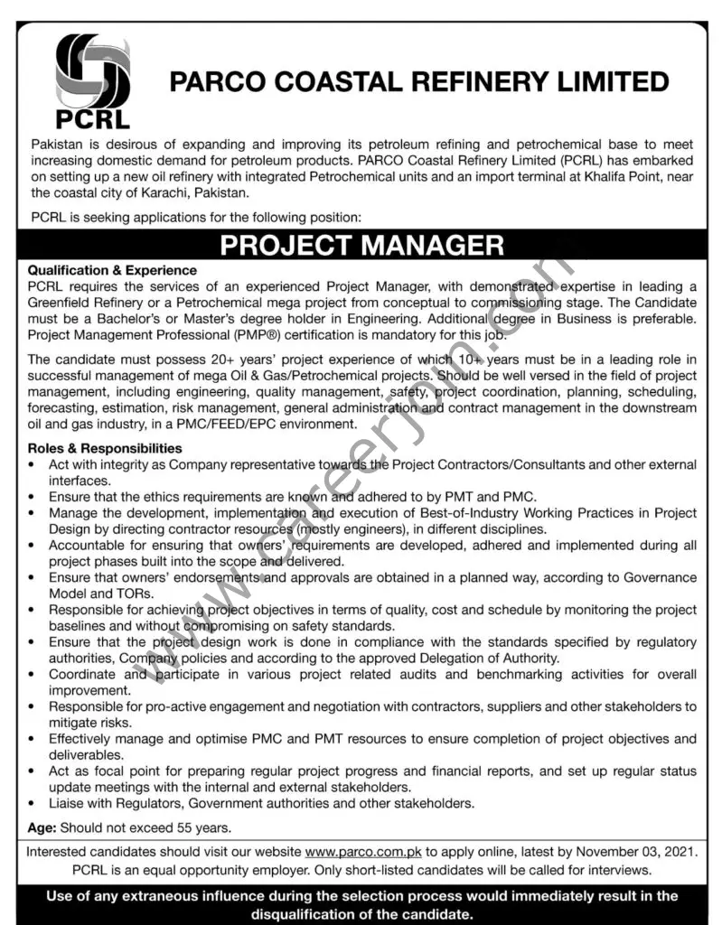 PARCO Coastal Refinery Limited Jobs Project Manager 01