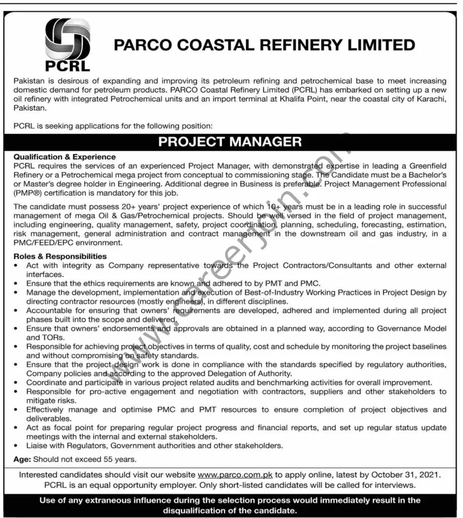 PARCO Coastal Refinery Ltd Jobs Project Manager 01