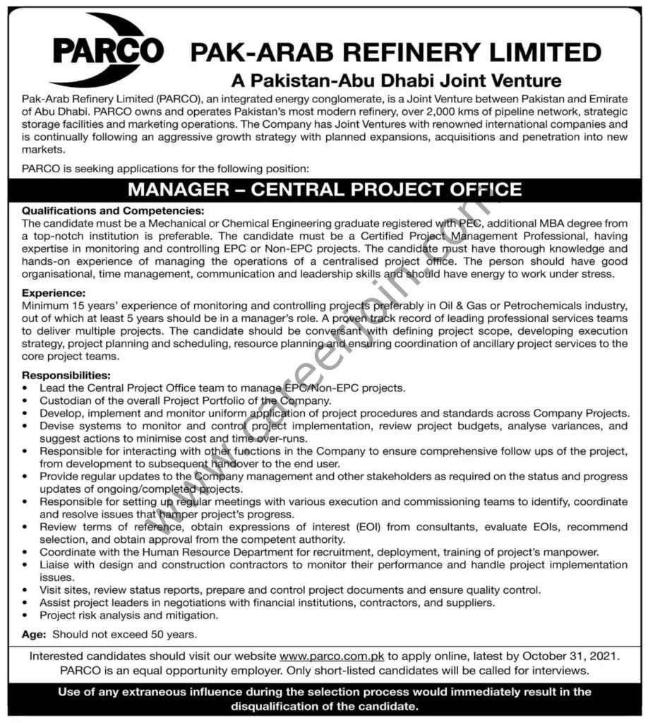 Pak Arab Refinery Ltd PARCO Jobs Manager Central Project Office 01