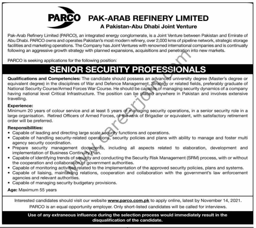 Pak Arab Refinery Ltd PARCO Jobs November 2021 01