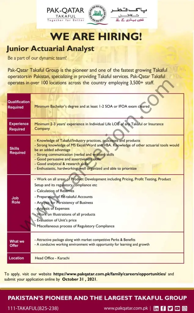 Pak Qatar Takaful Group Jobs Junior Actuarial Analyst 01