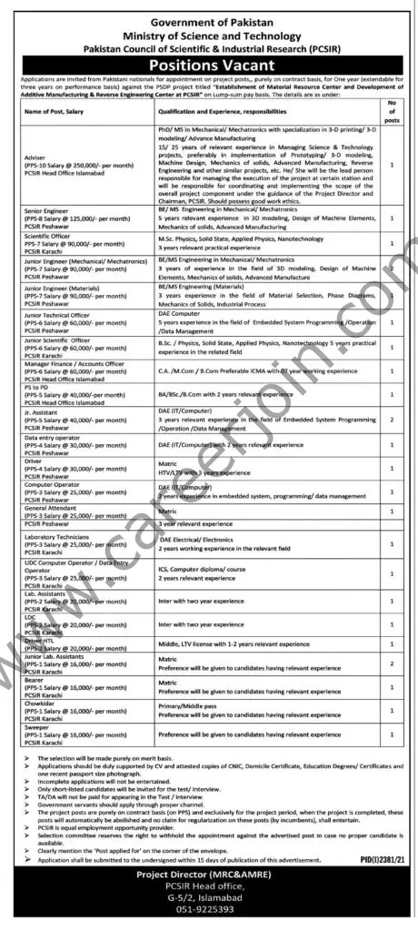 Pakistan Council of Scientific & Industrial Research PCSIR Jobs October 2021 01