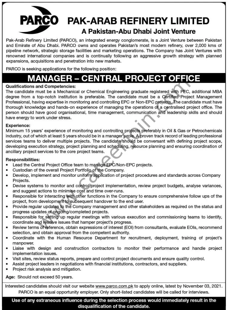 PARCO Pak Arab Refinery Limited Jobs Manager Central Project Office 01