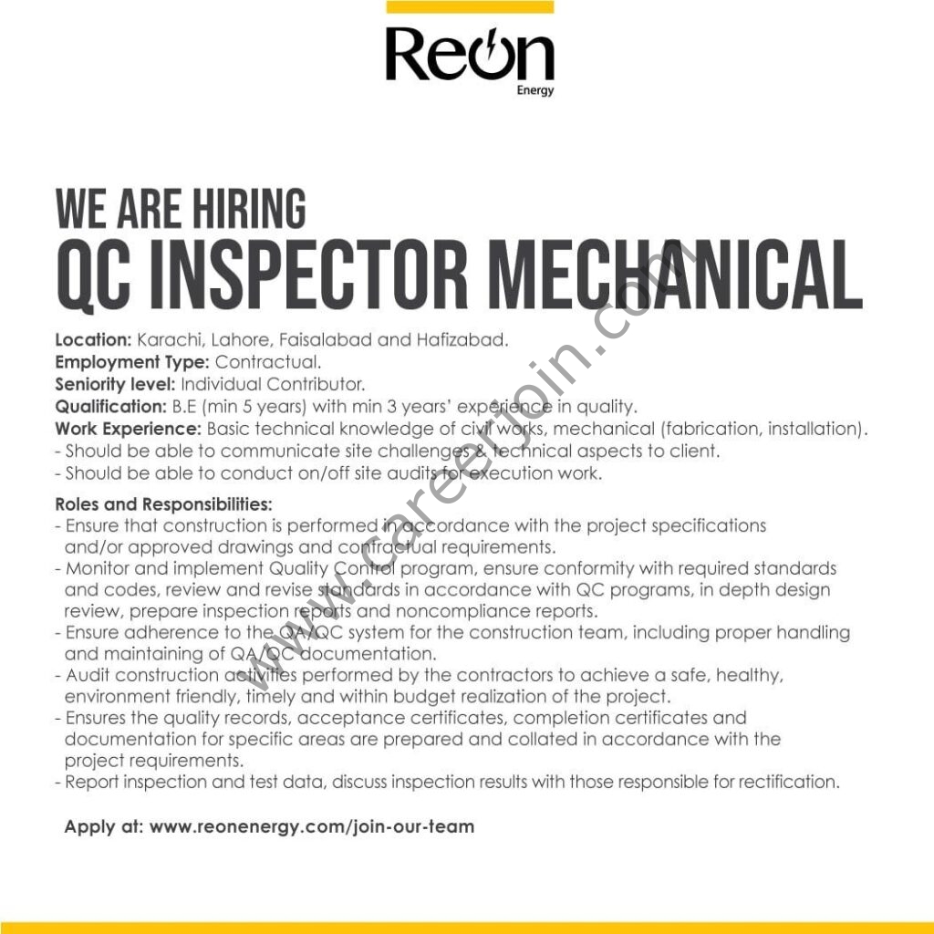 Reon Energy Limited Jobs QC Inspector Mechanical 01