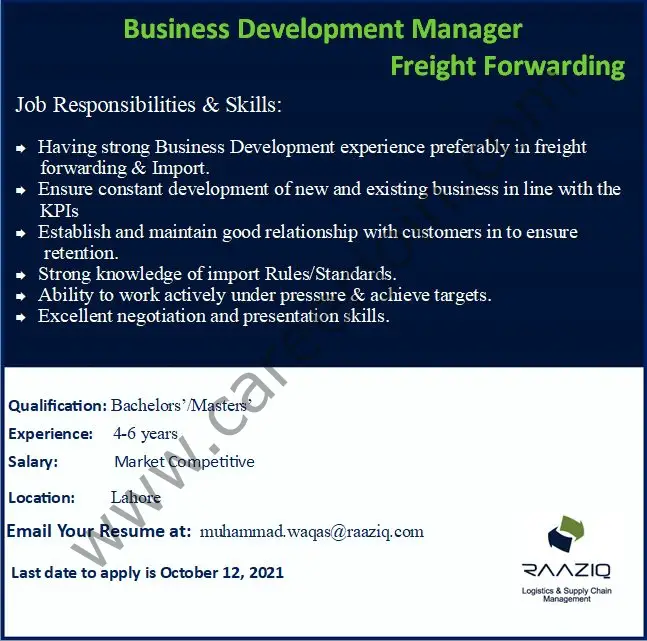 Raaziq International Pvt Ltd Jobs Business Development Manager Freight Forwarding 01