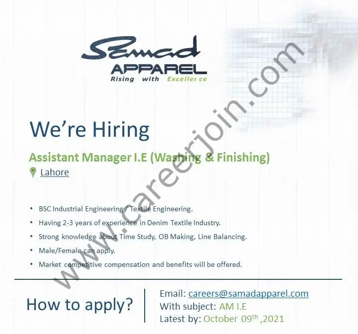 Samad Apparel Pvt Ltd Jobs Assistant Manager I.E 01