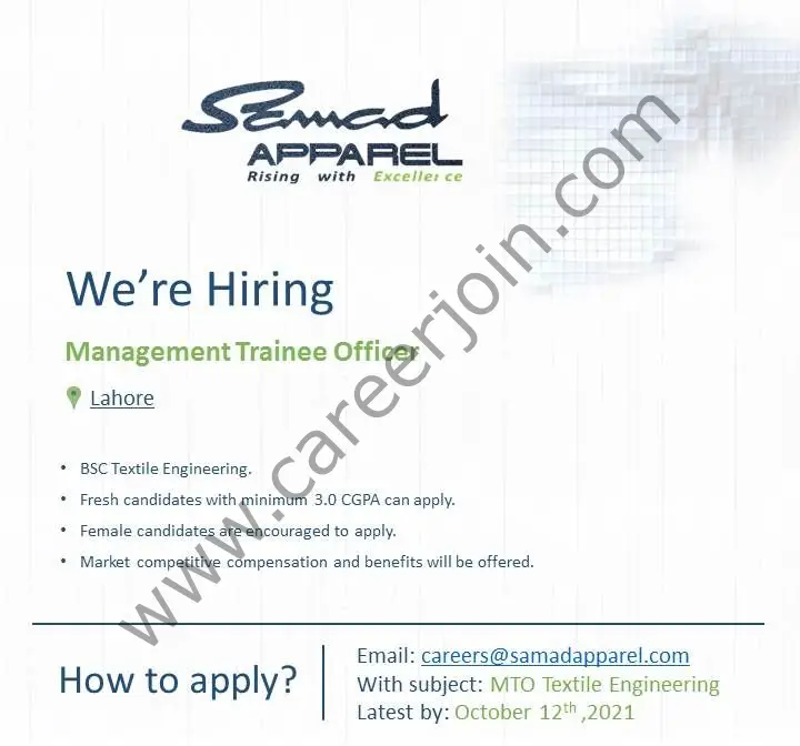Samad Apparel Pvt Ltd Jobs Management Trainee Officer ( MTO ) 01