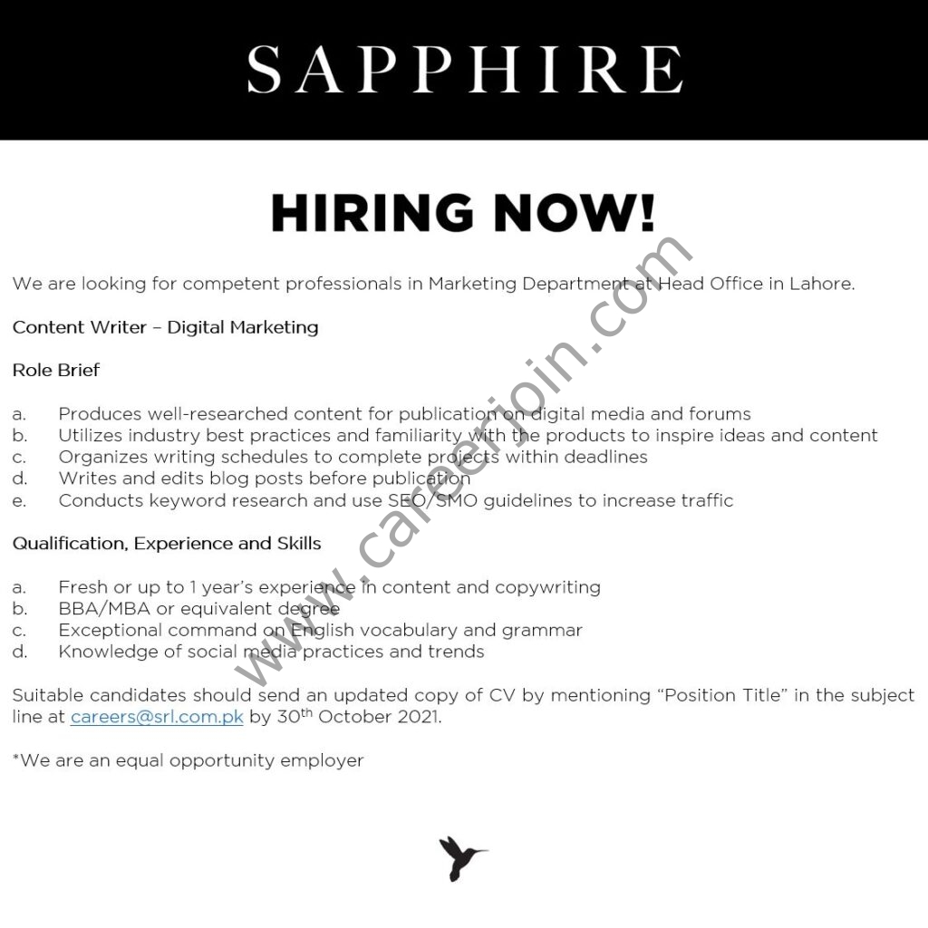 Sapphire Retail Ltd SRL Jobs 28 October 2021 03