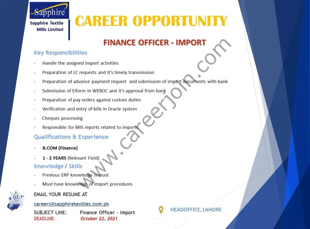 Sapphire Textile Mills Limited Jobs Finance Officer Import 01