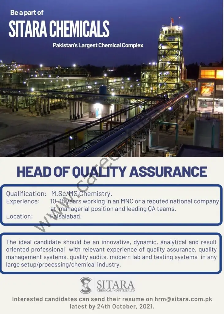 Sitara Chemical Industries Limited Jobs Head Of Quality Assurance 01