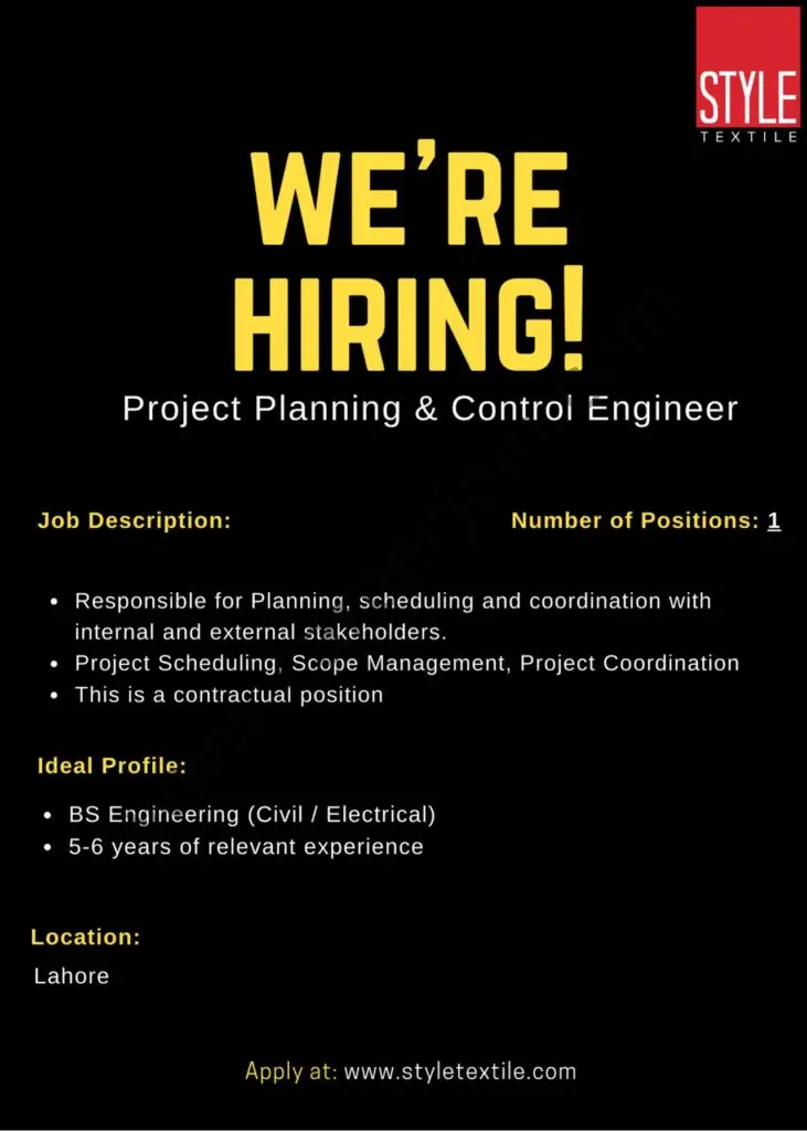Style Textile Pvt Ltd Jobs Project Planning & Control Engineer 01
