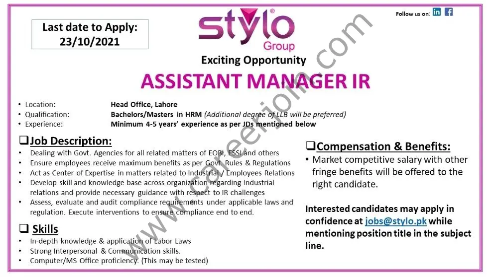 Stylo Pvt Ltd Jobs Assistant Manager IR 01