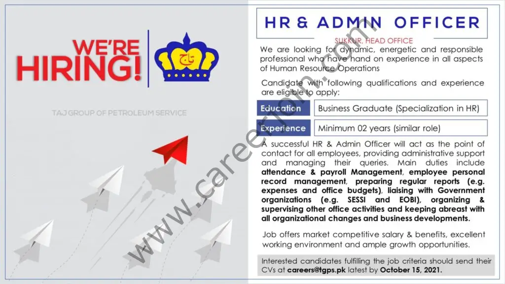 Taj Group Of Petroleum Services TGPS Jobs HR & Admin Officer 01