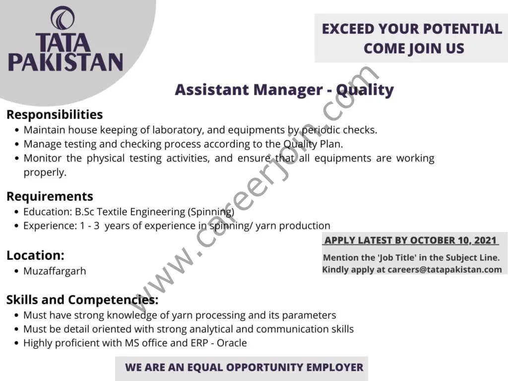 Tata Pakistan Jobs Assistant Manager Quality 01