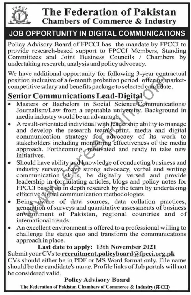 The Federation of Pakistan Chambers of Commerce & Industry FPCCI Jobs Senior Communication Lead Digital 01
