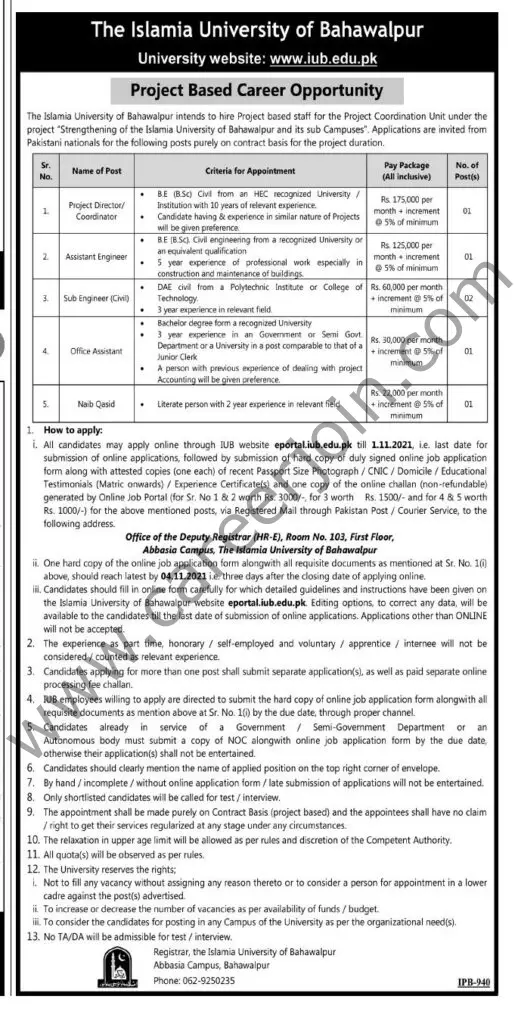 The Islamia University of Bahawalpur Jobs October 2021 01