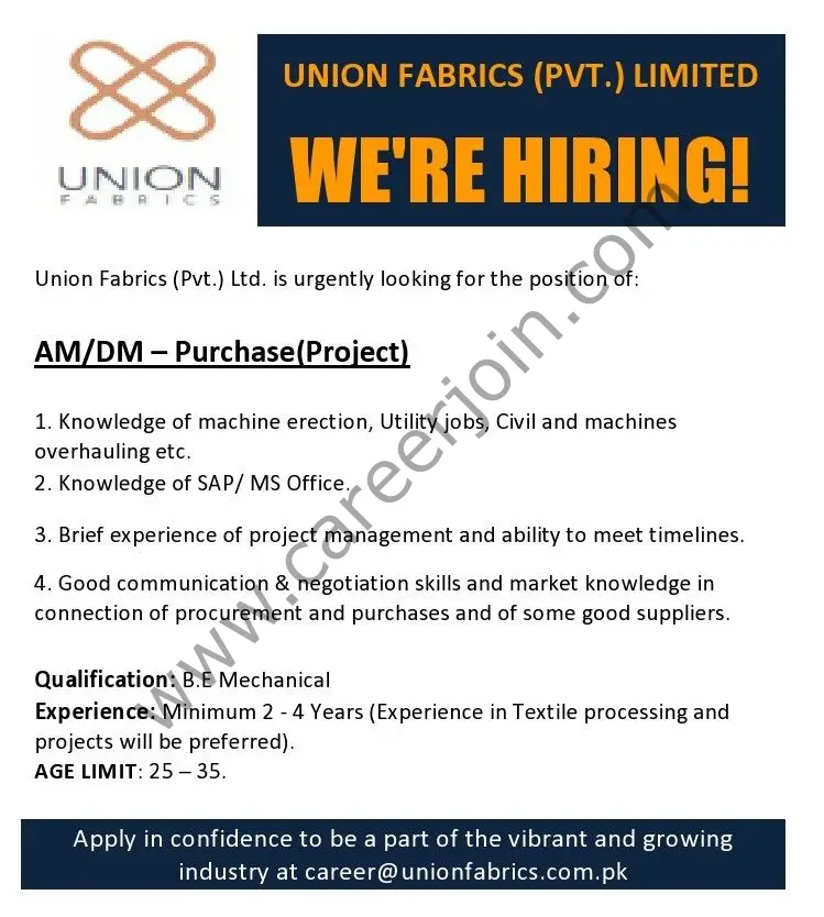 Union Fabrics Pvt Ltd Jobs AM / DM Purchase (Project) 01