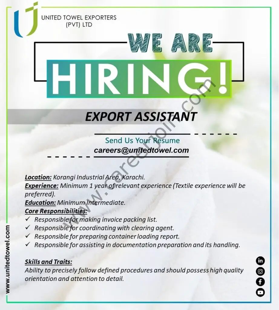 United Towel Exporters Pvt Ltd Jobs Export Assistant 01