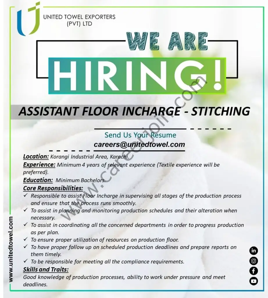 United Towel Exporters Pvt Ltd Jobs Assistant Floor Incharge Stitching 01